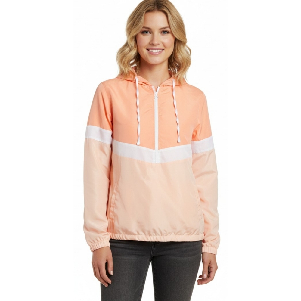Woman's Active White & Peach Half Zip Colorblock Windbreaker